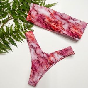 Shein pink marble strapless thong two piece bikini, never worn